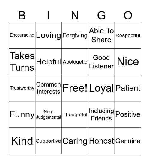 Friendship Bingo Card