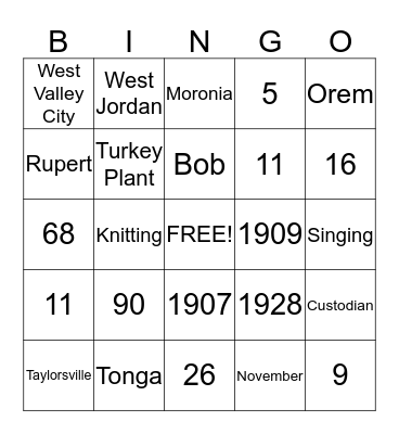 Christensen Family Reunion 2012 Bingo Card
