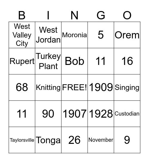 Christensen Family Reunion 2012 Bingo Card