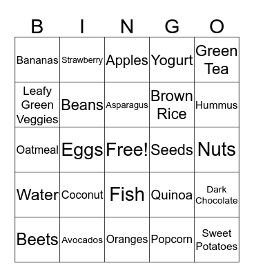 Energizing Foods Bingo Card