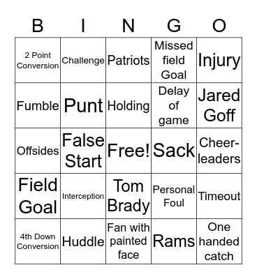 Super Bowl BINGO Card