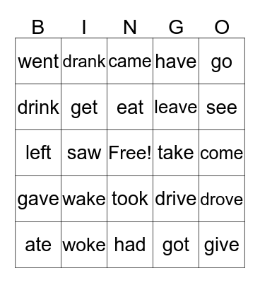 Irregular Present/Past Verbs Bingo Card