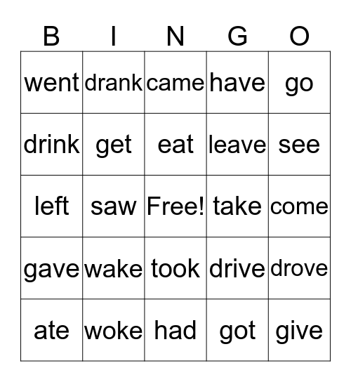 Irregular Present/Past Verbs Bingo Card