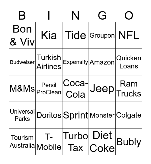 Super Bowl 2019 Bingo Card