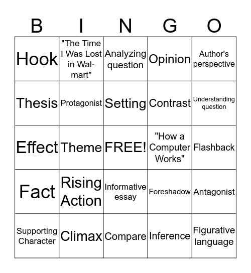 12th Grade English Review Bingo Card