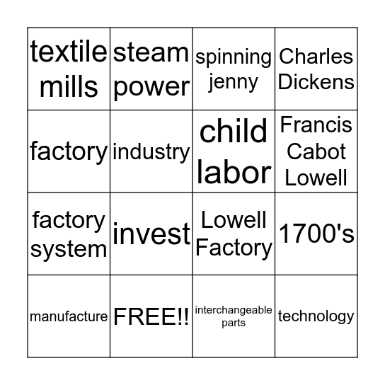 Industrial Revolution Bingo Card