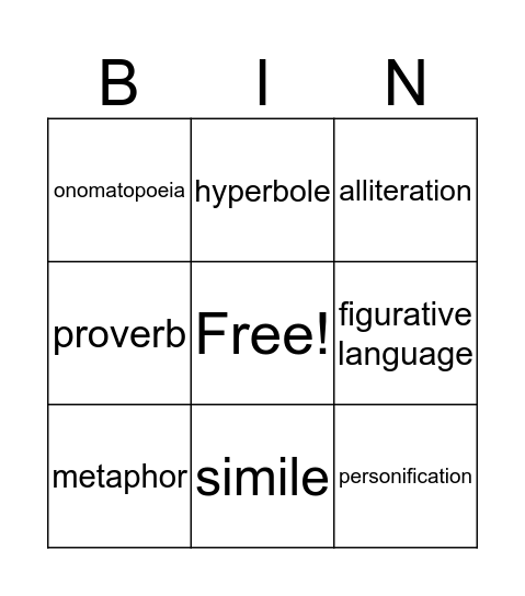 Figurative Language Bingo Card