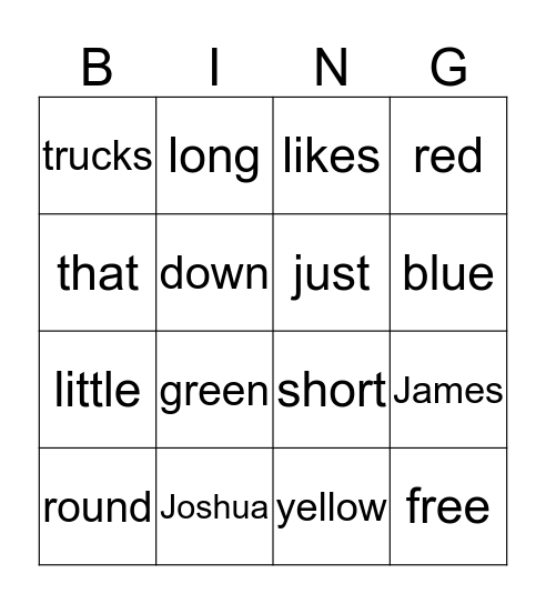 Joshua James Likes Trucks Bingo Card