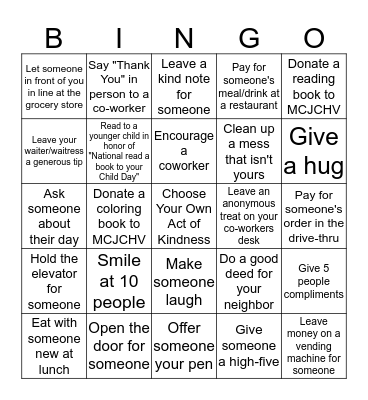 Random Acts of Kindness Bingo Card