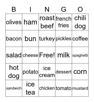 Restaurant Words Bingo Card