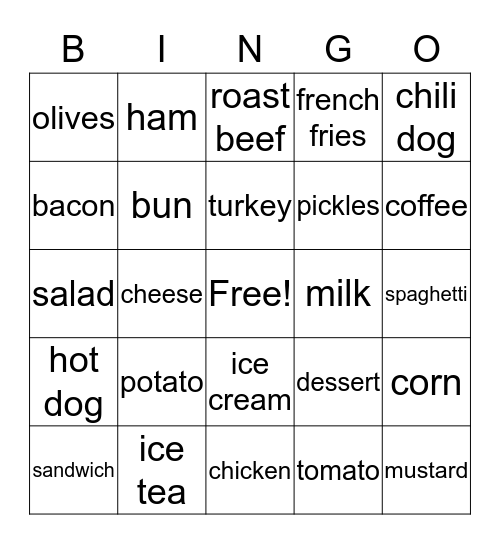 Restaurant Words Bingo Card