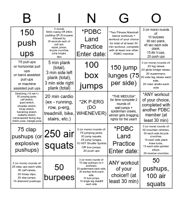 PDBC February Fitness Challenge Bingo Card