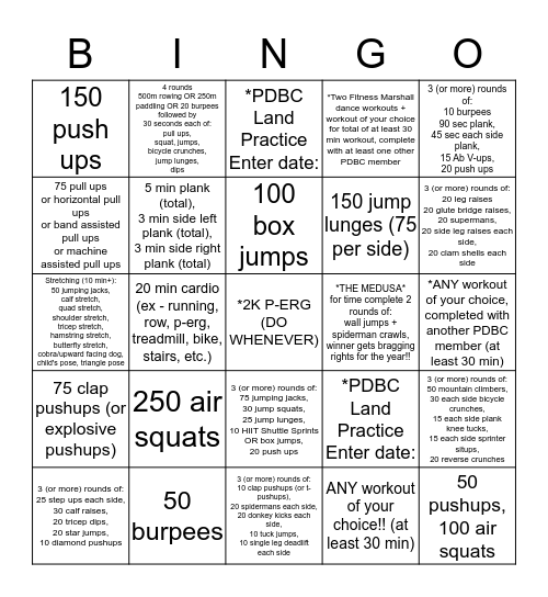 PDBC February Fitness Challenge Bingo Card
