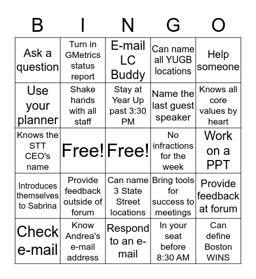 Year Up Quincy Bingo Card