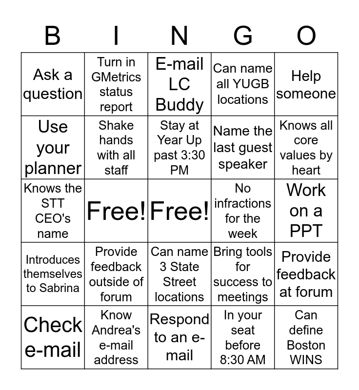 Year Up Quincy Bingo Card