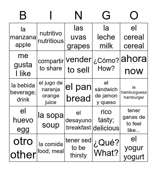 Avancemos 1 3.1 Bingo Card