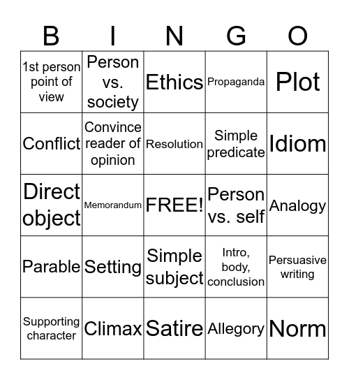 11th Grade English Review Bingo Card