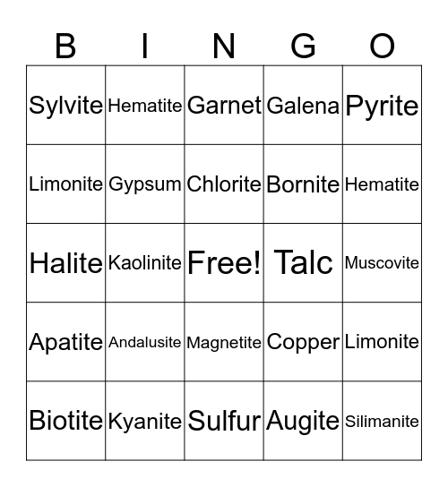 Mineral Names Bingo Card