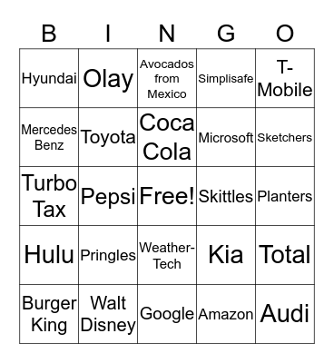 Super Bowl LIII Advertisement Bingo Card