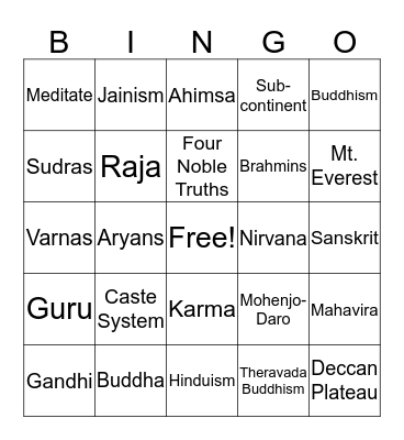 Ancient India Bingo Card