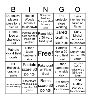 SuperBowl Bingo Card