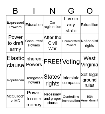 Federalism Bingo Card