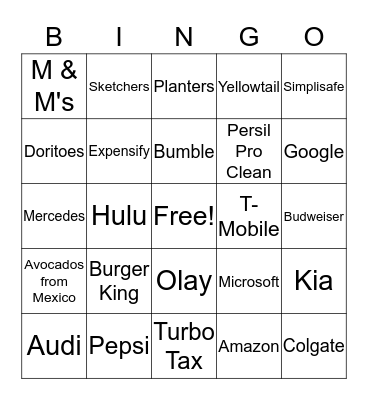 SUPERBOWL COMMERCIAL BINGO Card