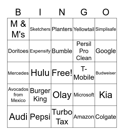 SUPERBOWL COMMERCIAL BINGO Card