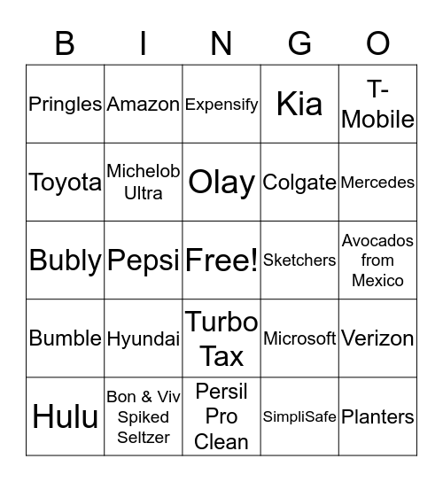 SUPERBOWL COMMERCIAL BINGO Card