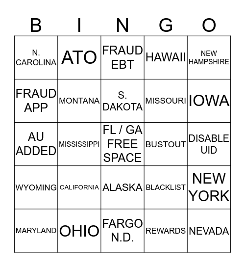 Fraud Callout Bingo Card