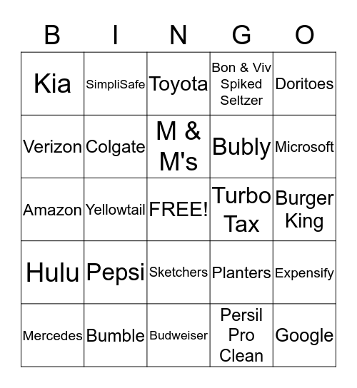 SUPERBOWL COMMERCIAL BINGO Card