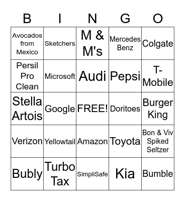 SUPERBOWL COMMERCIAL BINGO Card