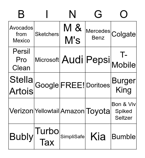 SUPERBOWL COMMERCIAL BINGO Card