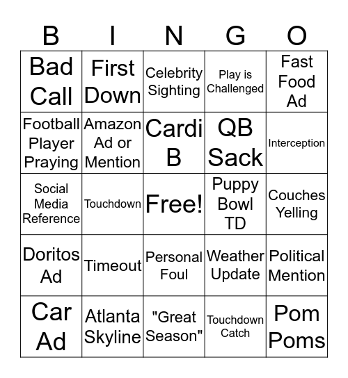 Super Bowl BINGO 2019!  Bingo Card