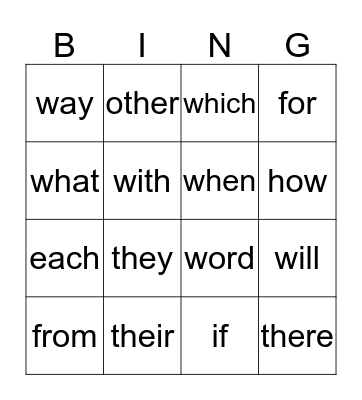 Sight Words Bingo Card