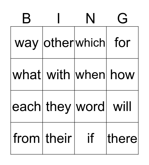 Sight Words Bingo Card