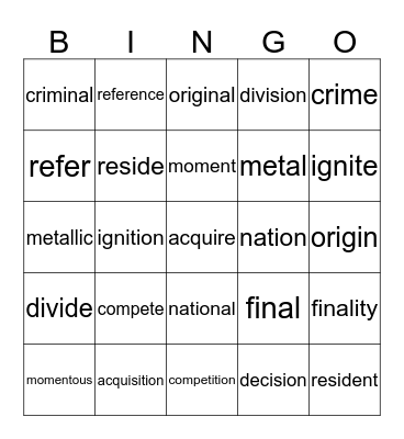 Spelling List 1/28/19 Bingo Card