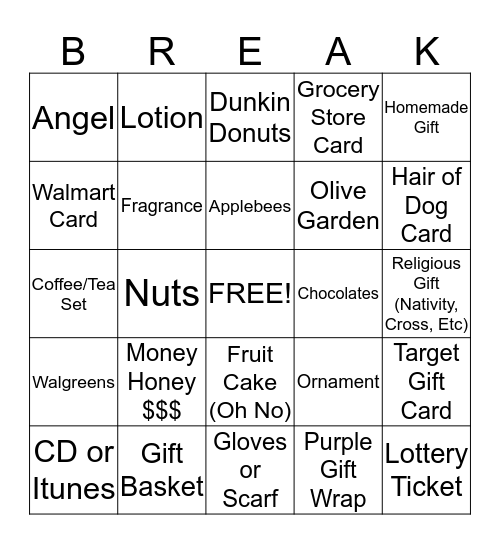 Holiday Exchange Bingo Card