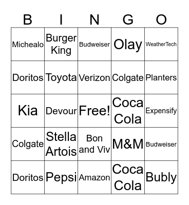 Super Bowl Commercials Bingo Card