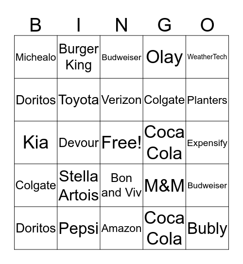 Super Bowl Commercials Bingo Card