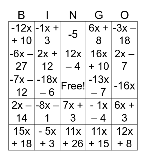 Simplifying Expressions Bingo Card