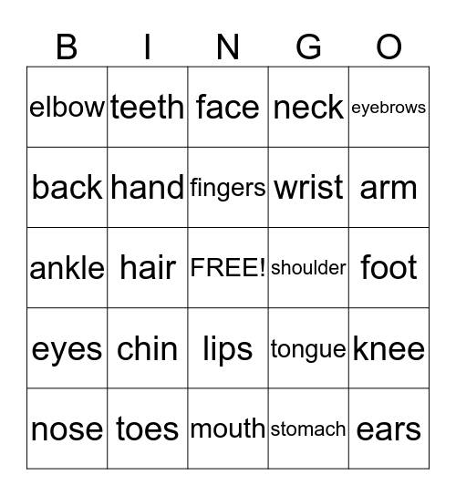 Human Body Bingo Card
