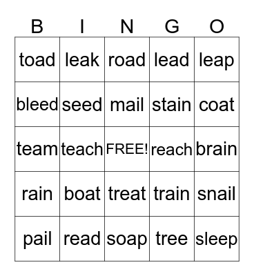 Vowel Teams Bingo Card