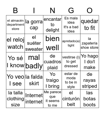 Avancemos 2 3.1 Bingo Card