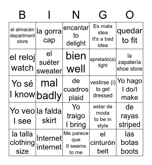 Avancemos 2 3.1 Bingo Card