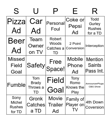 Super Bowl Bingo Card