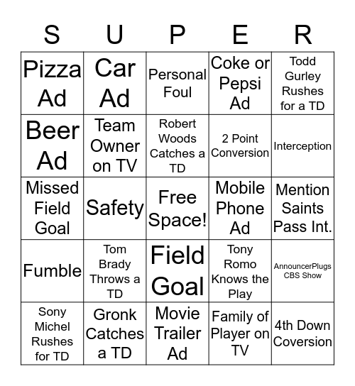 Super Bowl Bingo Card