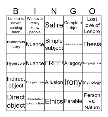 9th Grade English Review Bingo Card