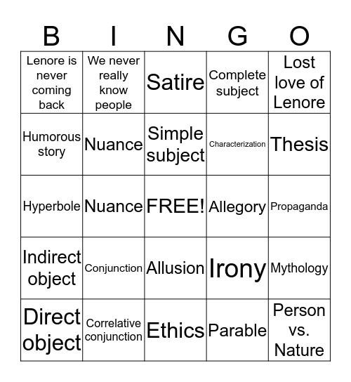 9th Grade English Review Bingo Card