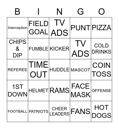 SUPER BOWL 2019 Bingo Card